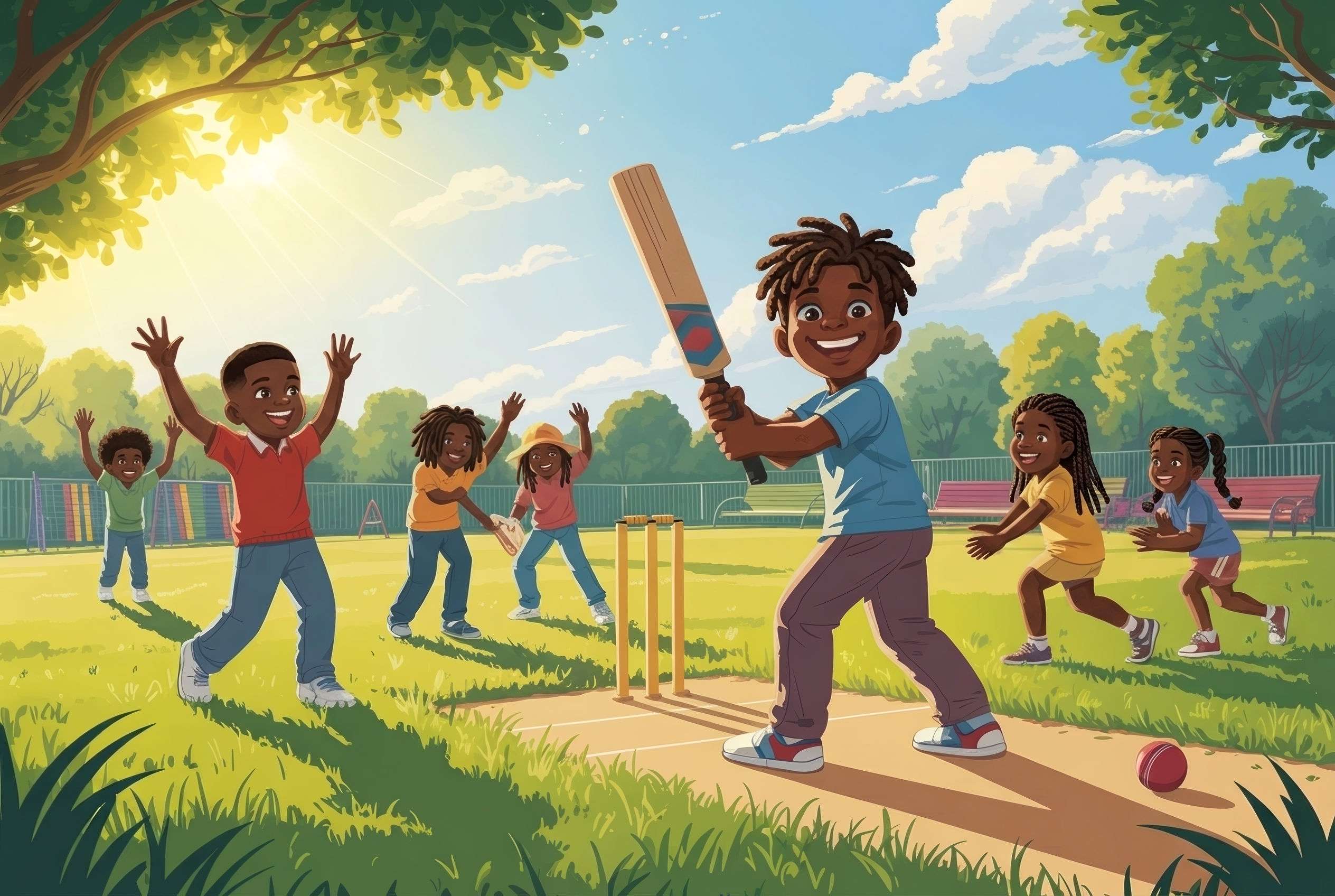 Children playing cricket in a sunny Bermuda park